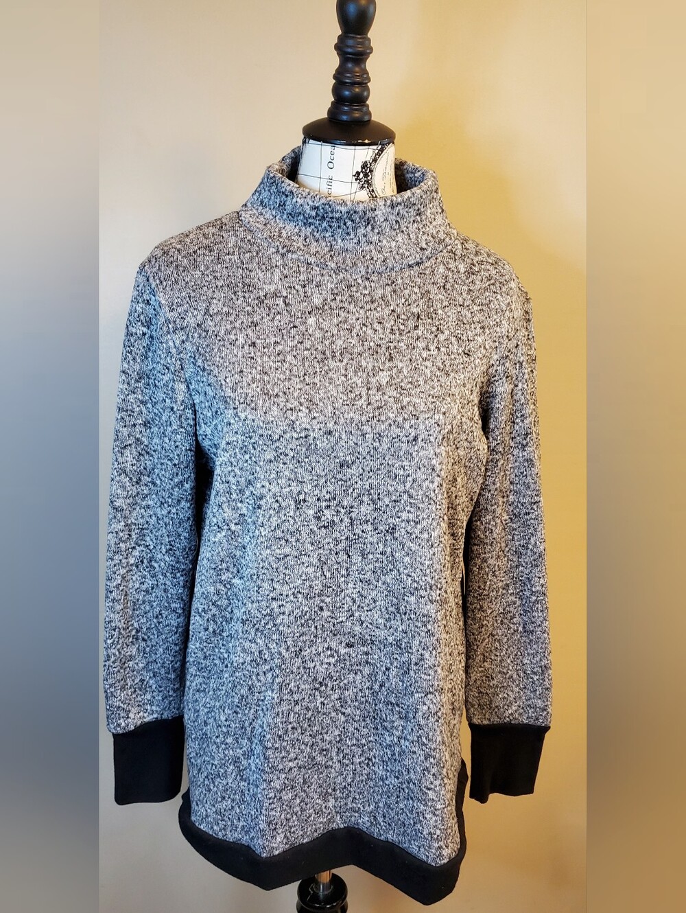Serra Women L Gray Black Marled Mock Neck Fleece Pullover Sweatshirt Tunic